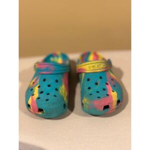 Crocs Classic Marbled Tie Dye Clogs Toddler Size 10 Teal Pink Yellow Kids Shoes